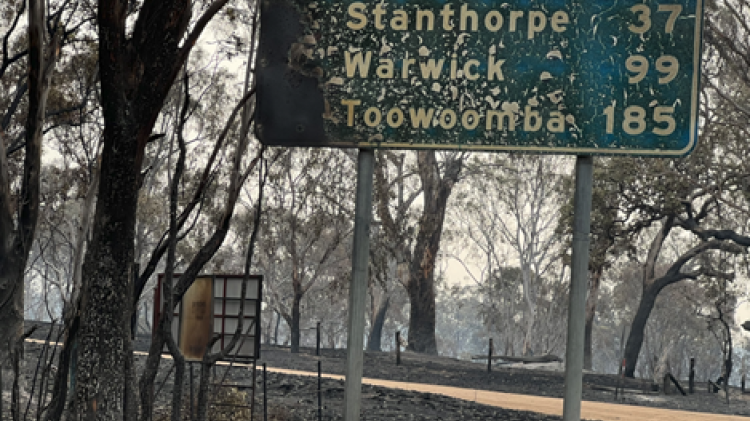 Burnt road sign Southern Downs